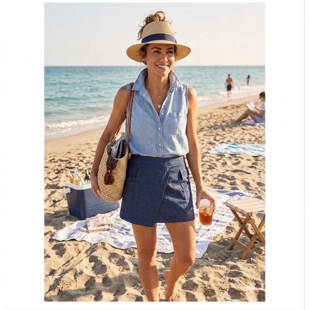🔥Banana Republic 💙Navy Blue Herringbone Linen Blend Wrap Cargo Skirt 8 NEW$75